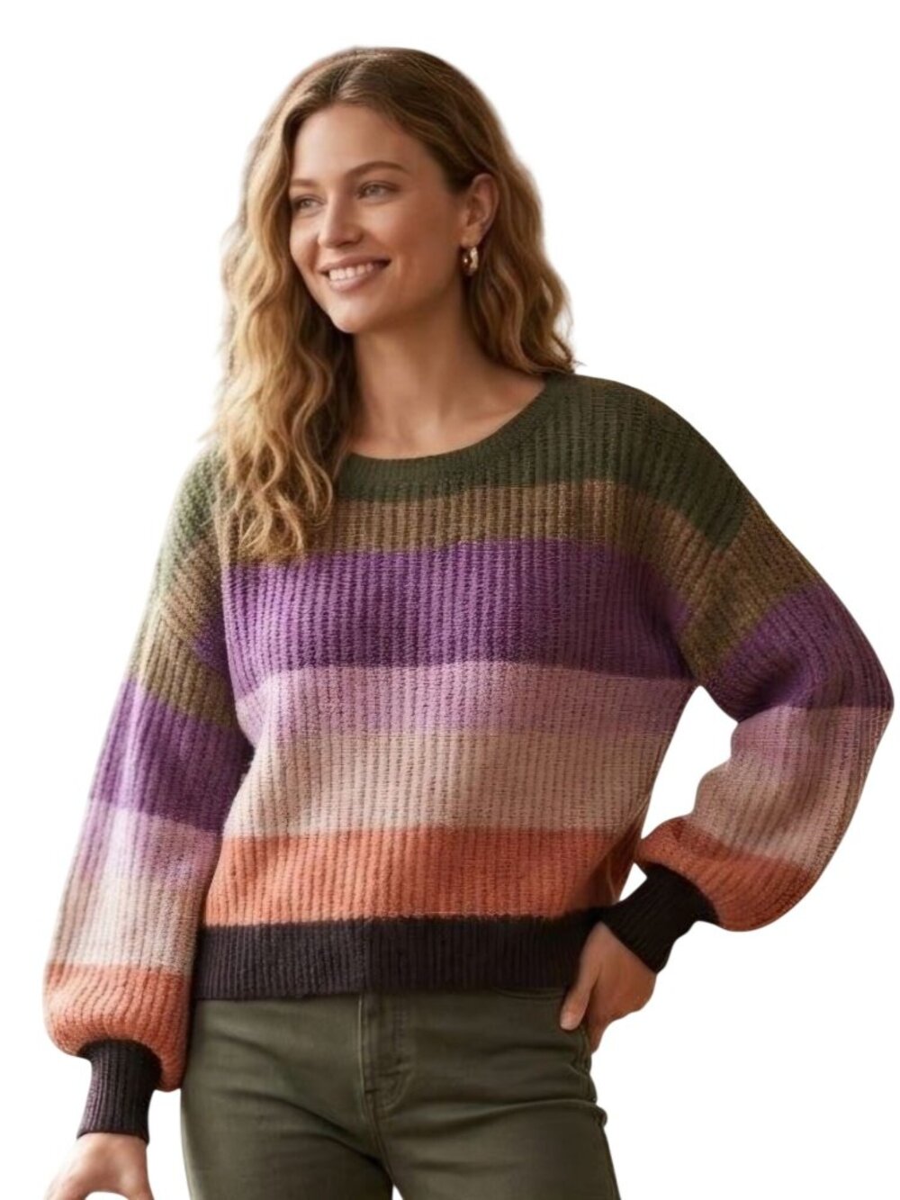Sundance Wool Blend Balloon Sleeve Stripe Chunky Knit Crewneck Sweater Size L
